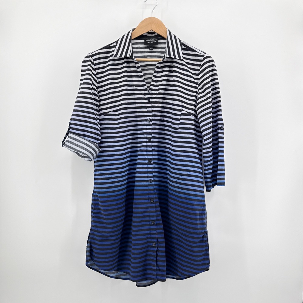 Miraclesuit x Talbots Women Blue Ombre Striped Cotton Roll Tab Tunic Cover Up L